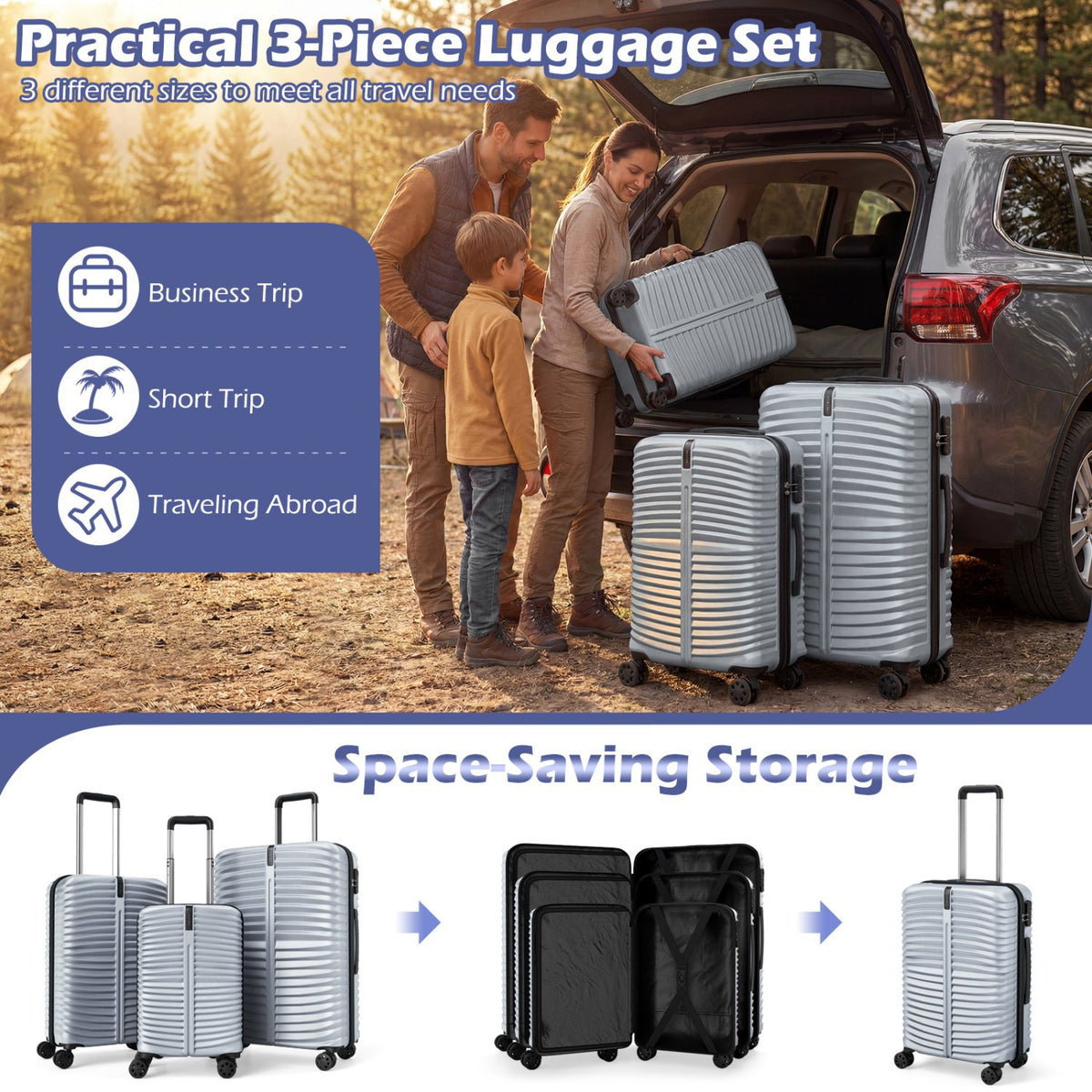 3-Piece 20/24/28 Inch Lightweight Hardside Luggage Set with 8-Spinner Wheels-Gray view 5