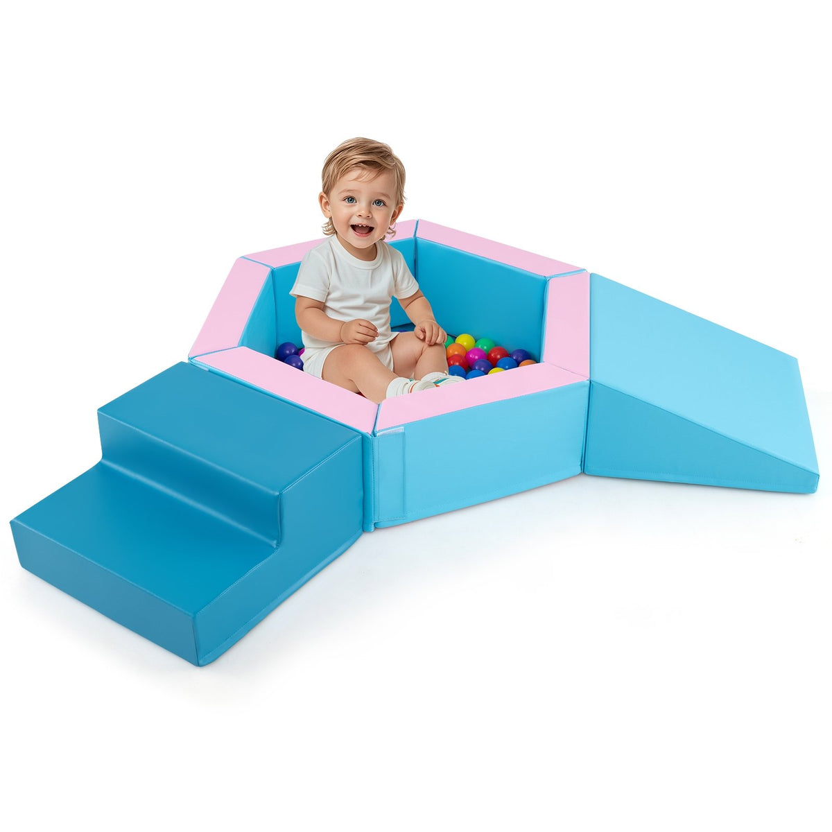 3-Piece Baby Foam Climbing Blocks Climb and Crawl Set with 100 Ocean Balls-Blue