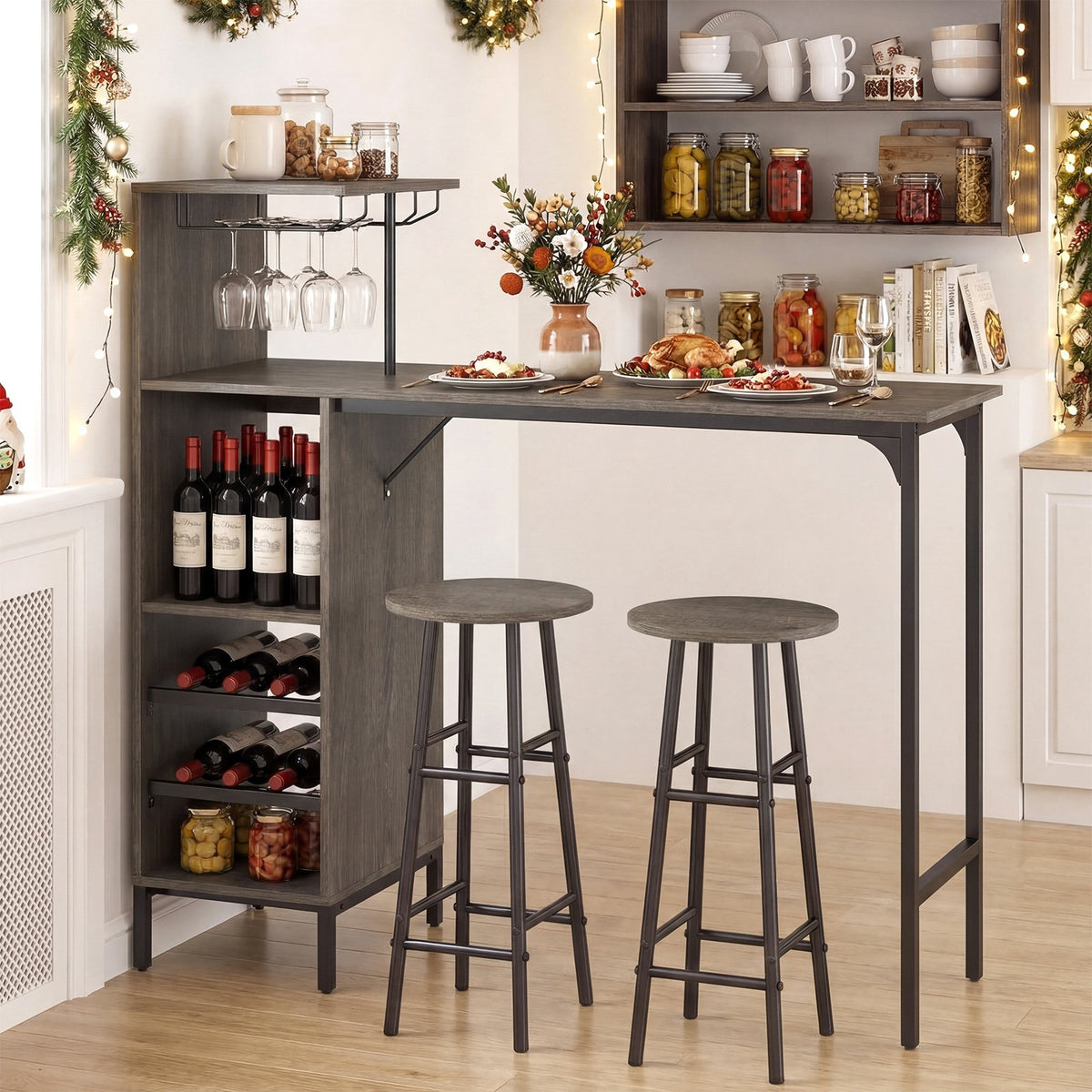 3 Piece Bar Table and Chairs Set with 6-Bottle Wine Rack-Oak view 3