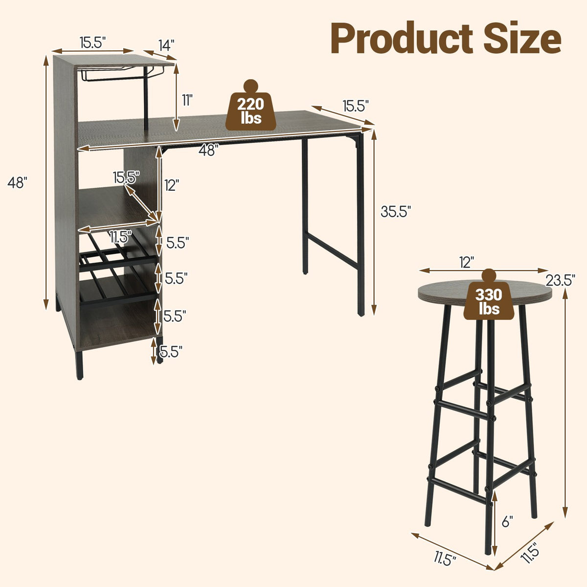 3 Piece Bar Table and Chairs Set with 6-Bottle Wine Rack-Oak view 4