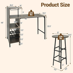 3 Piece Bar Table and Chairs Set with 6-Bottle Wine Rack-Oak view 4