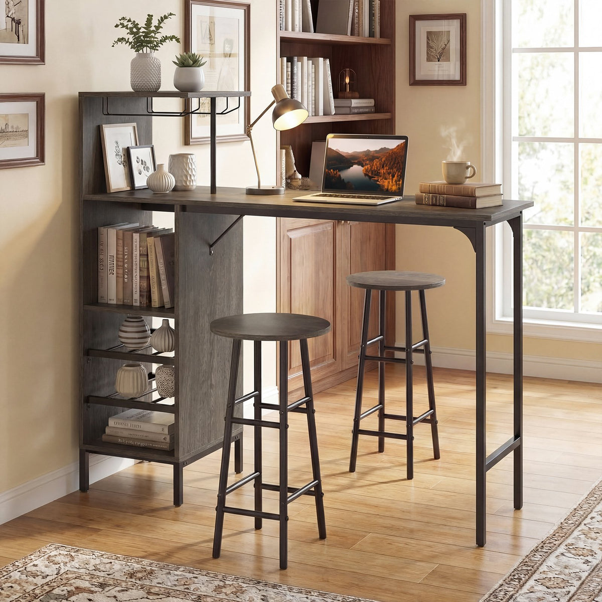 3 Piece Bar Table and Chairs Set with 6-Bottle Wine Rack-Oak view 5