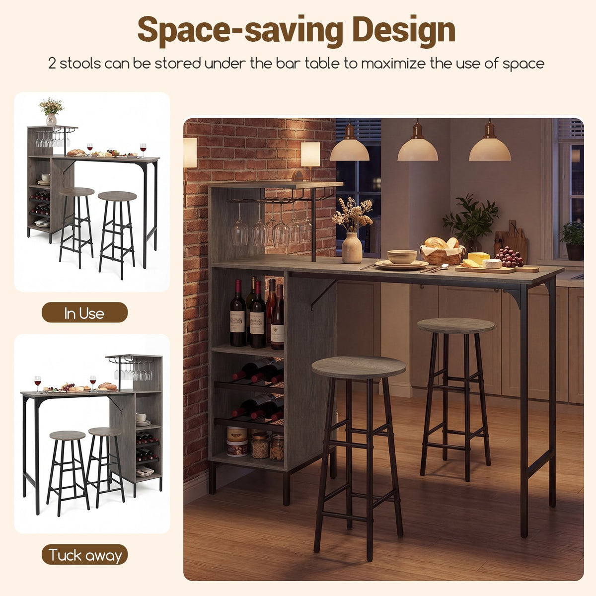 3 Piece Bar Table and Chairs Set with 6-Bottle Wine Rack-Oak view 8