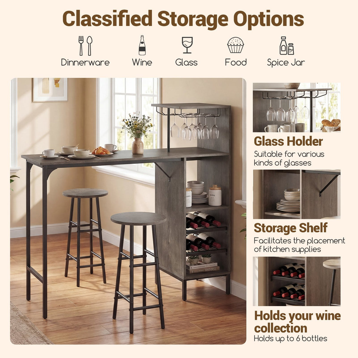 3 Piece Bar Table and Chairs Set with 6-Bottle Wine Rack-Oak view 9