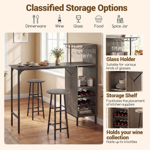 3 Piece Bar Table and Chairs Set with 6-Bottle Wine Rack-Oak view 9