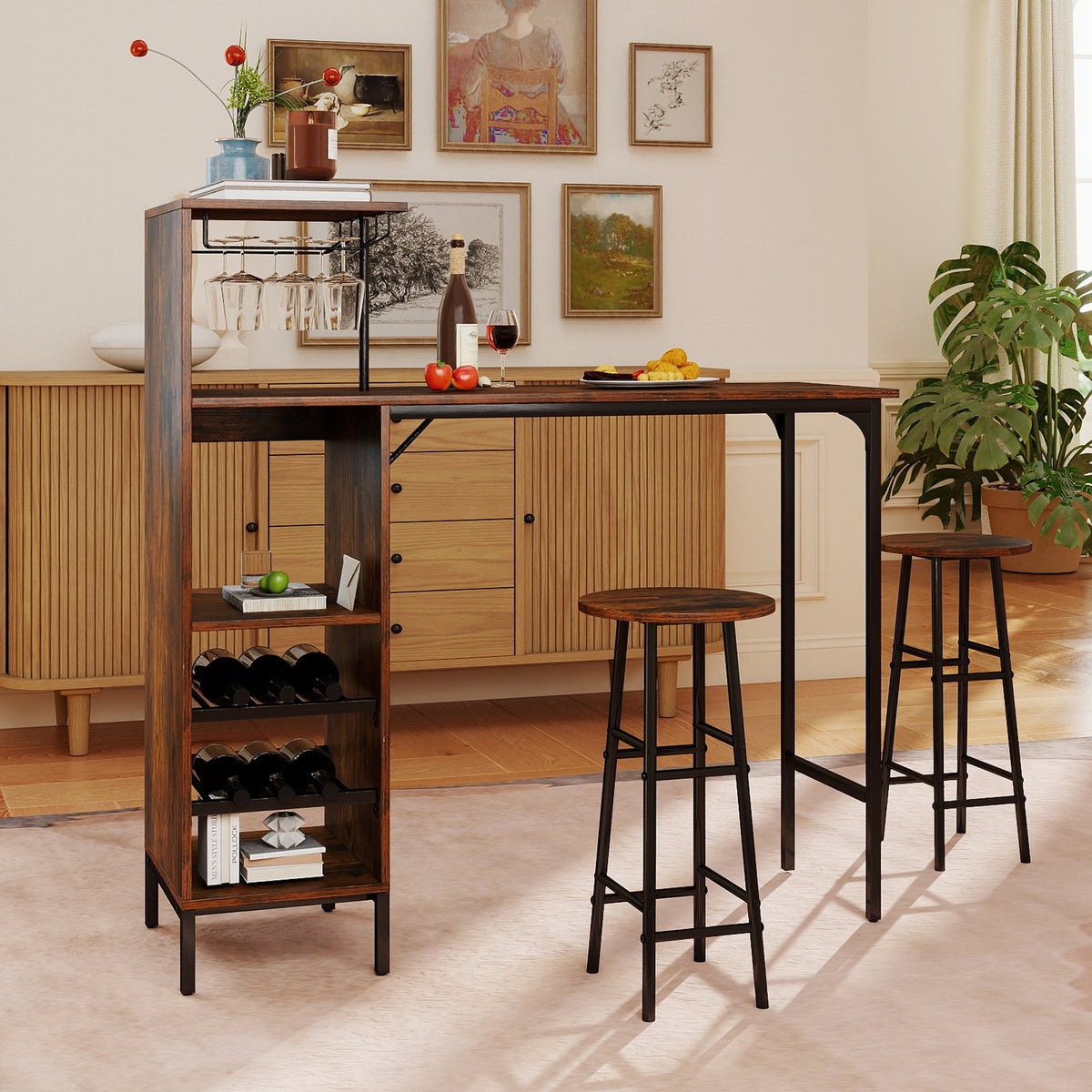 3 Piece Bar Table and Chairs Set with 6-Bottle Wine Rack-Rustic Brown view 2