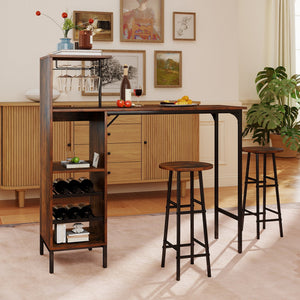 3 Piece Bar Table and Chairs Set with 6-Bottle Wine Rack-Rustic Brown view 2