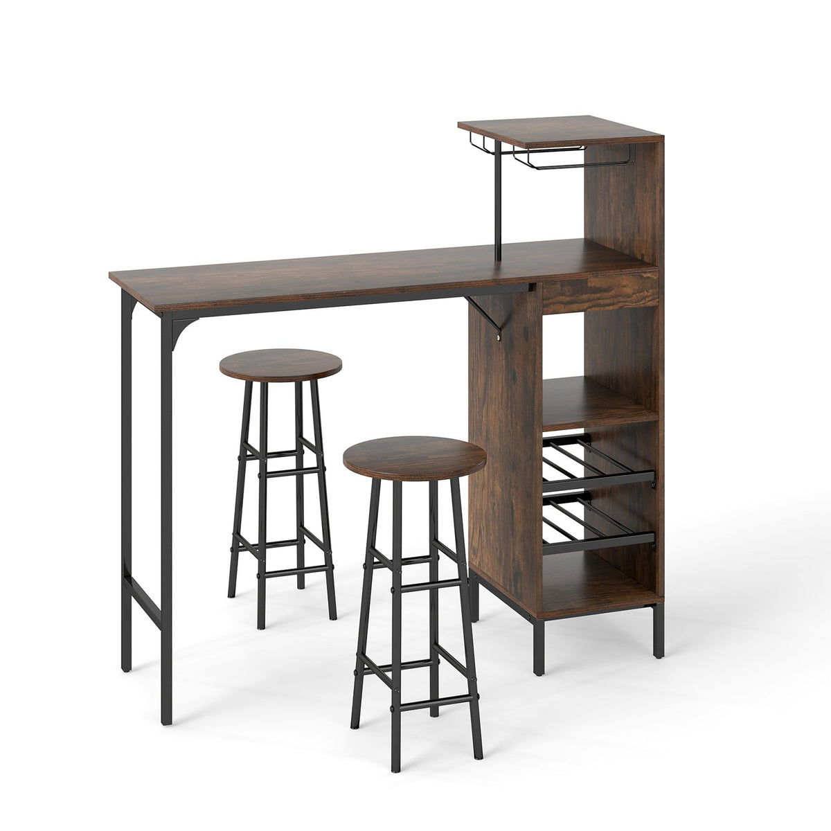 3 Piece Bar Table and Chairs Set with 6-Bottle Wine Rack-Rustic Brown view 4
