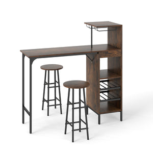 3 Piece Bar Table and Chairs Set with 6-Bottle Wine Rack-Rustic Brown view 4
