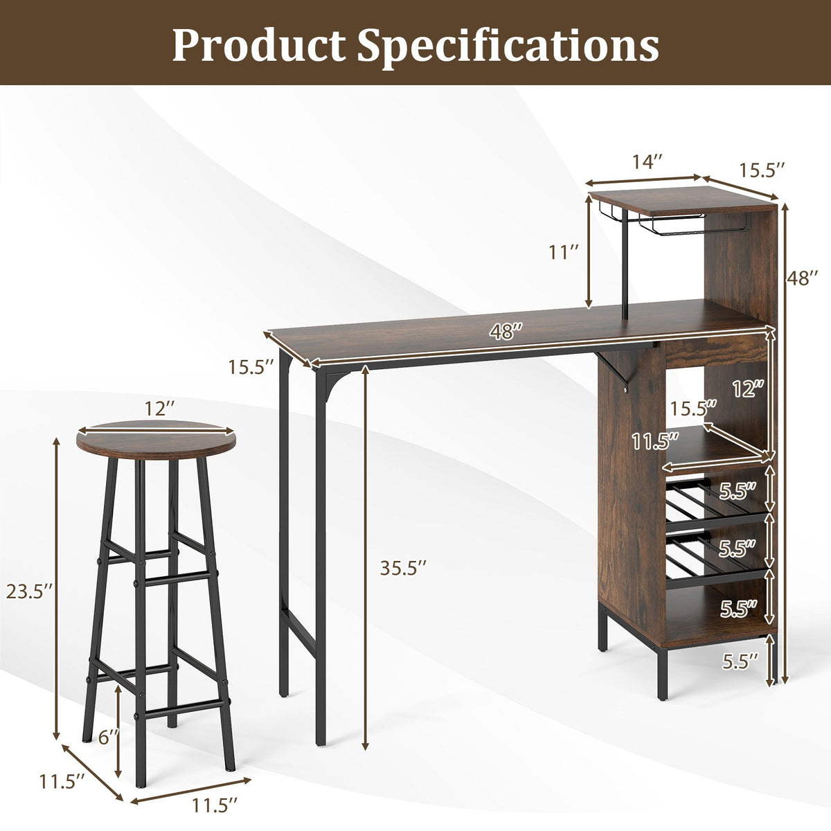3 Piece Bar Table and Chairs Set with 6-Bottle Wine Rack-Rustic Brown view 5
