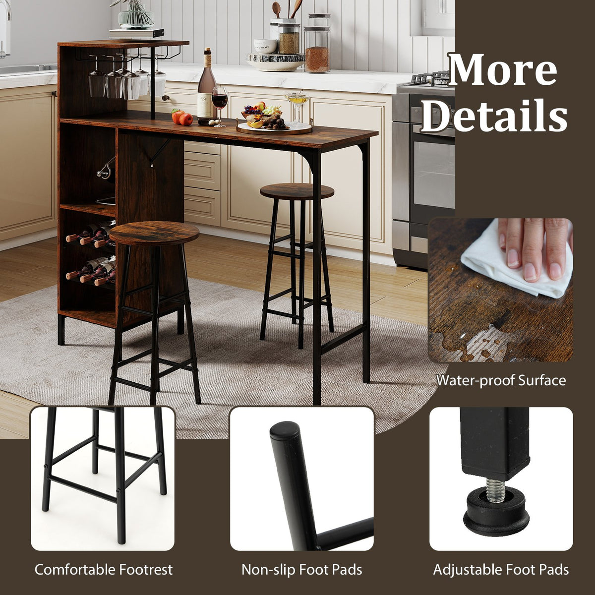 3 Piece Bar Table and Chairs Set with 6-Bottle Wine Rack-Rustic Brown view 6