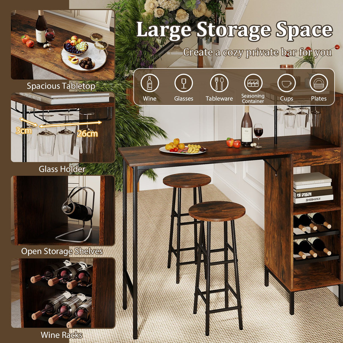3 Piece Bar Table and Chairs Set with 6-Bottle Wine Rack-Rustic Brown view 7