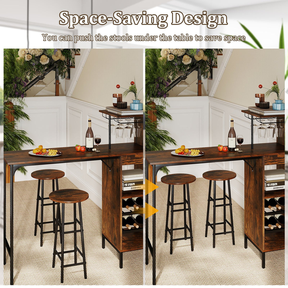 3 Piece Bar Table and Chairs Set with 6-Bottle Wine Rack-Rustic Brown view 8
