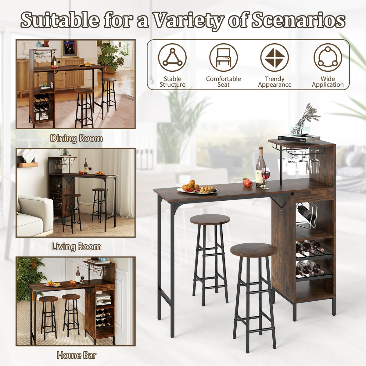 3 Piece Bar Table and Chairs Set with 6-Bottle Wine Rack-Rustic Brown view 9