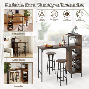 3 Piece Bar Table and Chairs Set with 6-Bottle Wine Rack-Rustic Brown view 9