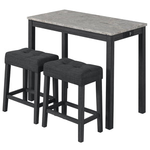 3-Piece Bar Table Set with Charging Station and Faux Marble Top-Gray