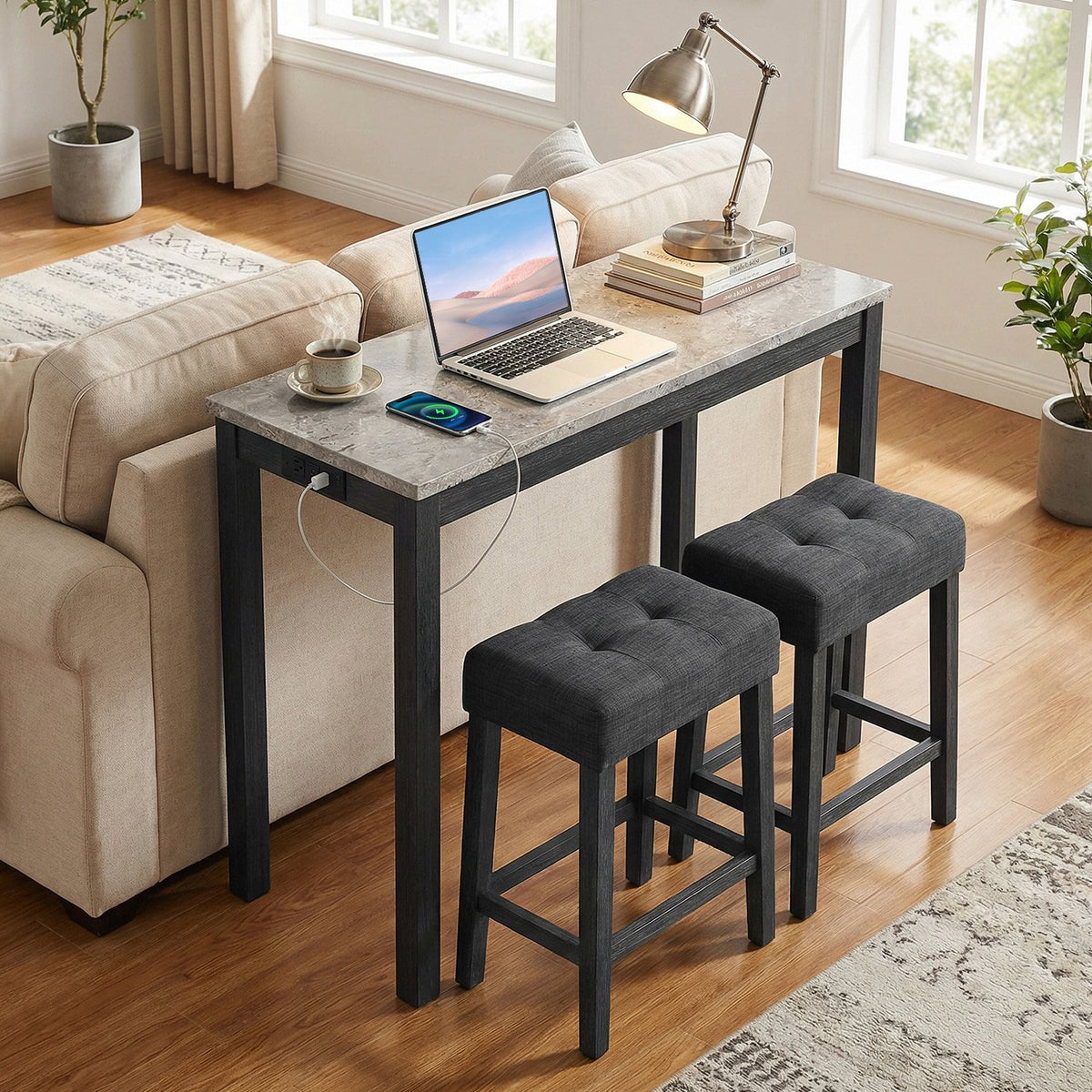 3-Piece Bar Table Set with Charging Station and Faux Marble Top-Gray view 2