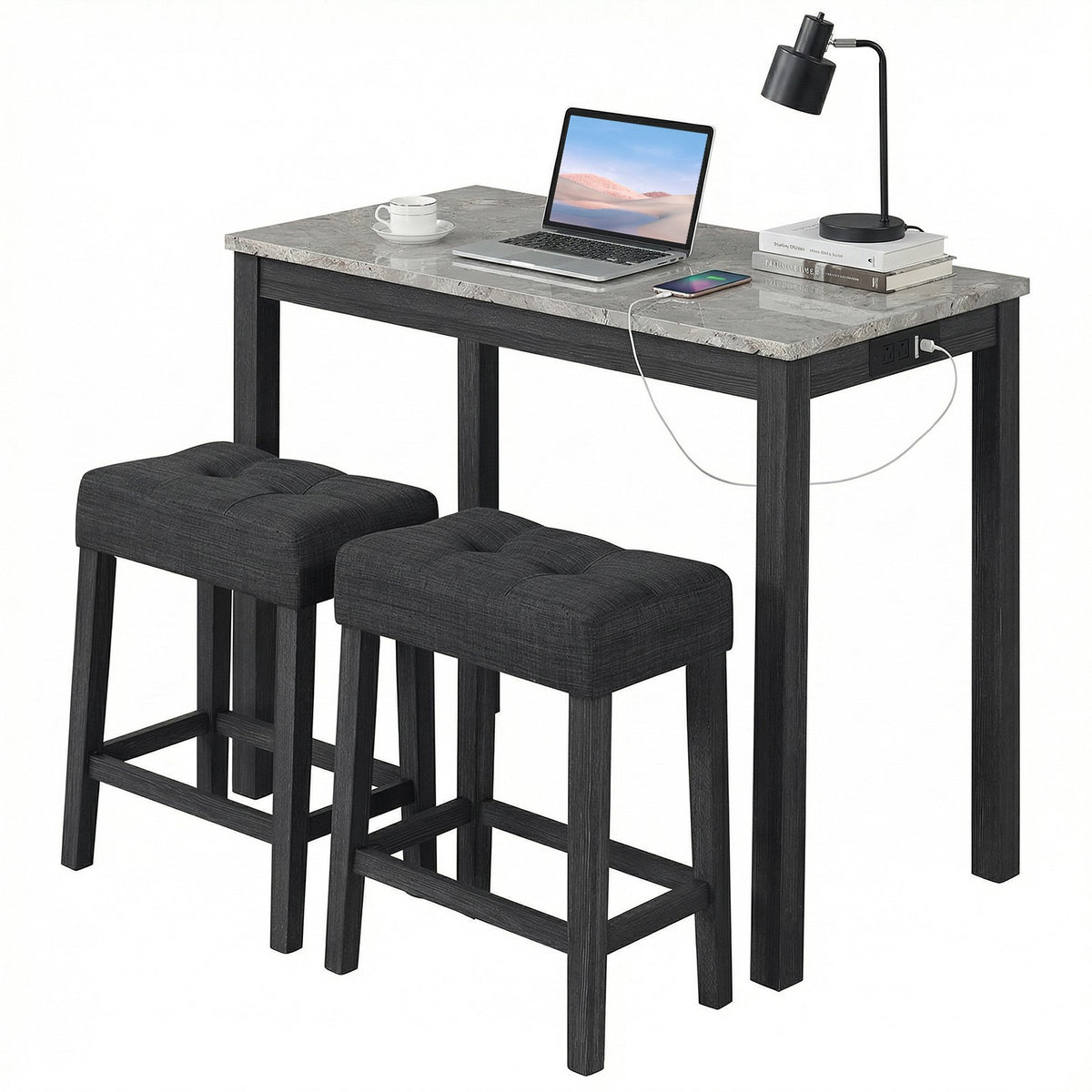 3-Piece Bar Table Set with Charging Station and Faux Marble Top-Gray view 4