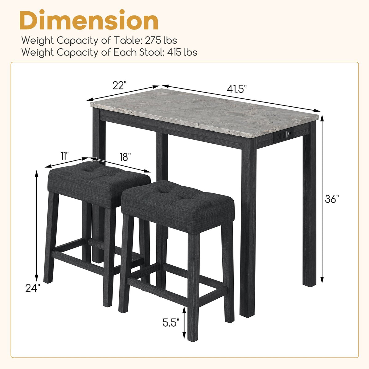 3-Piece Bar Table Set with Charging Station and Faux Marble Top-Gray view 5