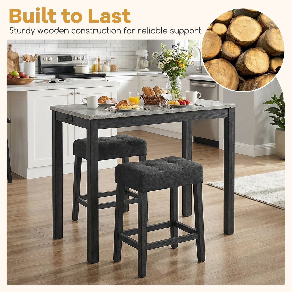 3-Piece Bar Table Set with Charging Station and Faux Marble Top-Gray view 8