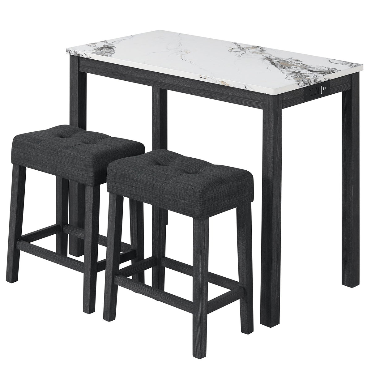 3-Piece Bar Table Set with Charging Station and Faux Marble Top-White