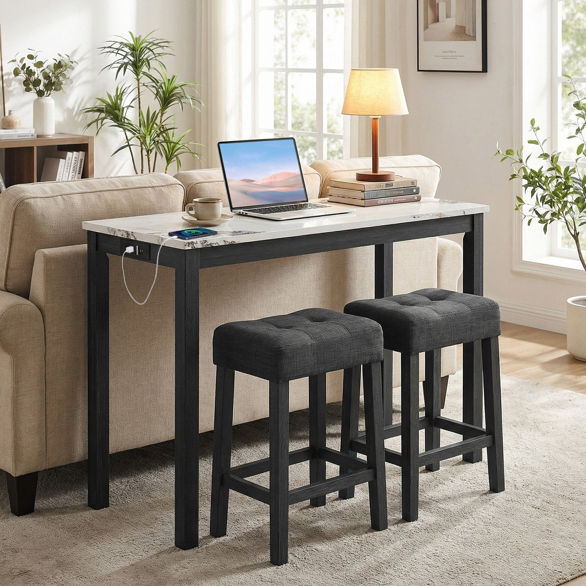 3-Piece Bar Table Set with Charging Station and Faux Marble Top-White view 2