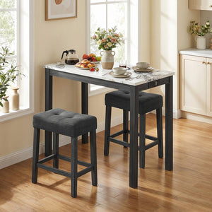 3-Piece Bar Table Set with Charging Station and Faux Marble Top-White view 3