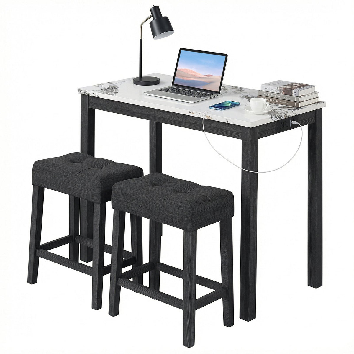 3-Piece Bar Table Set with Charging Station and Faux Marble Top-White view 4