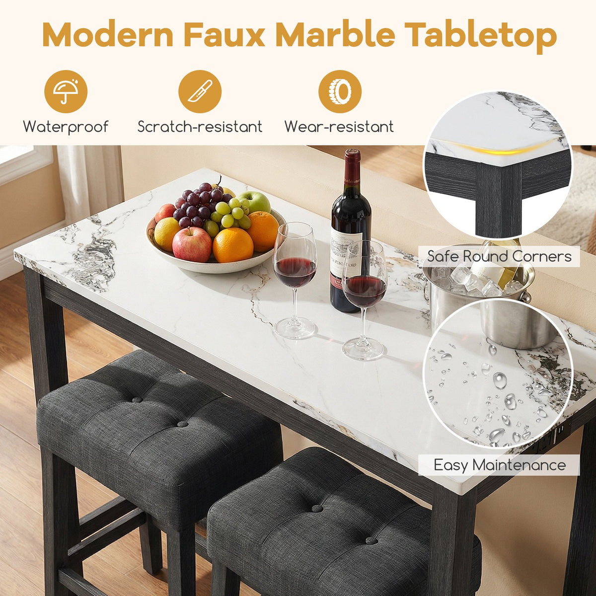 3-Piece Bar Table Set with Charging Station and Faux Marble Top-White view 9