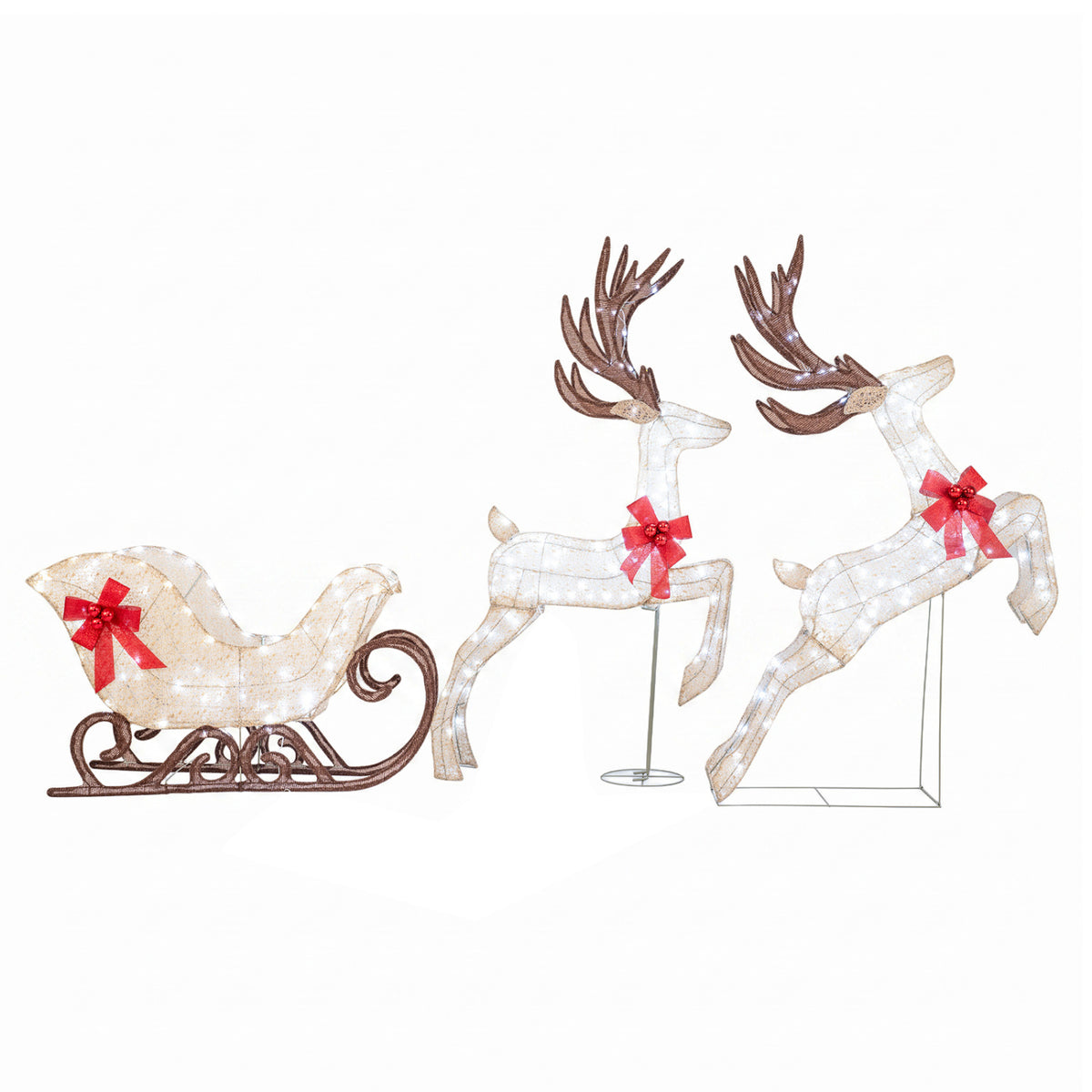 3-Piece Christmas Lighted Reindeer and Sleigh Set for Lawn-White