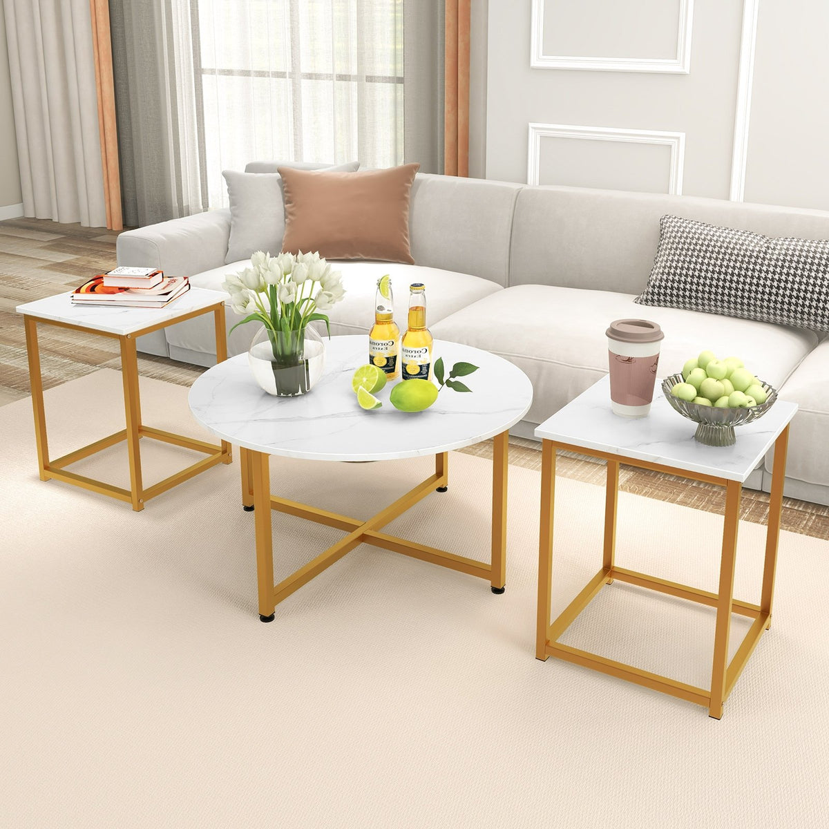 3-Piece Coffee Table Set Round Coffee Table and 2PCS Square End Tables-White and Gold view 2