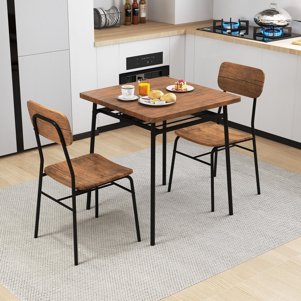 3 Piece Dining Table Set for 2 Wood Square Table with Metal Frame-Brown view 2