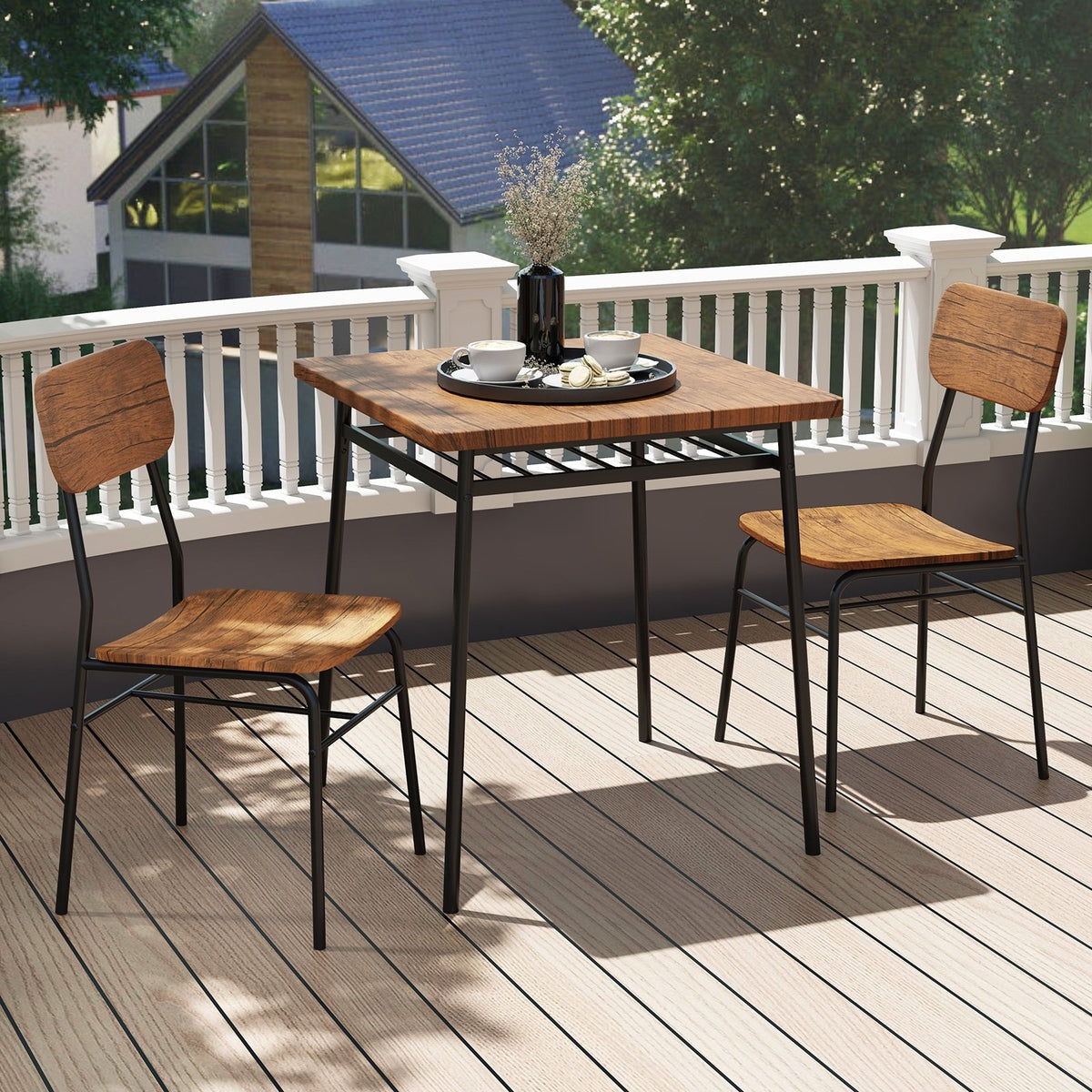 3 Piece Dining Table Set for 2 Wood Square Table with Metal Frame-Brown view 3