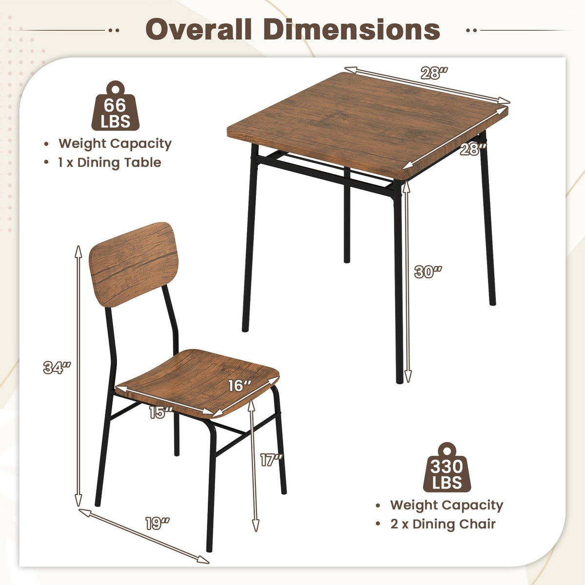 3 Piece Dining Table Set for 2 Wood Square Table with Metal Frame-Brown view 5
