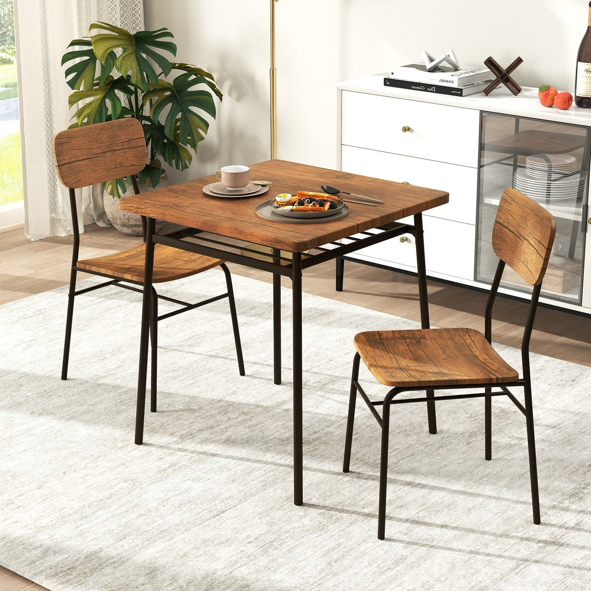 3 Piece Dining Table Set for 2 Wood Square Table with Metal Frame-Brown view 6