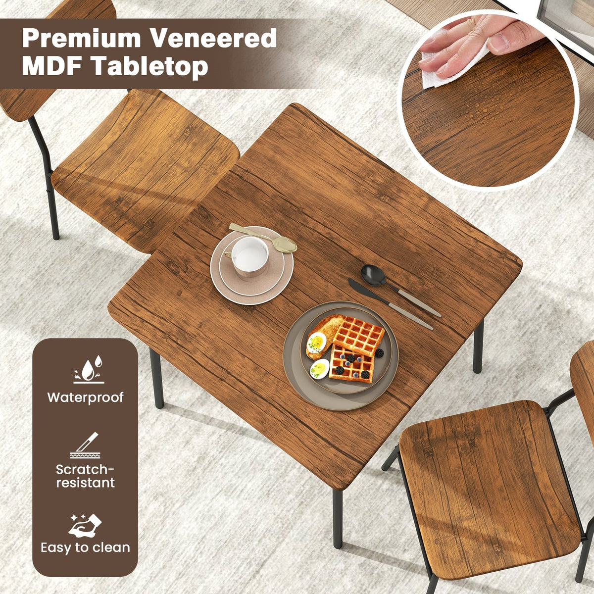 3 Piece Dining Table Set for 2 Wood Square Table with Metal Frame-Brown view 7
