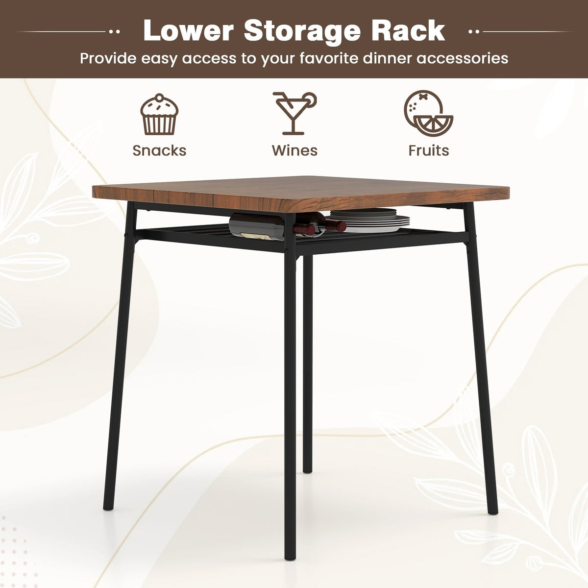 3 Piece Dining Table Set for 2 Wood Square Table with Metal Frame-Brown view 9