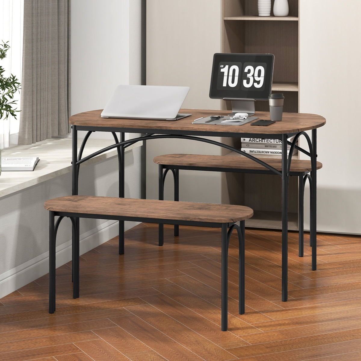 3-Piece Dining Table Set for 4 with Metal Frame-Brown view 3
