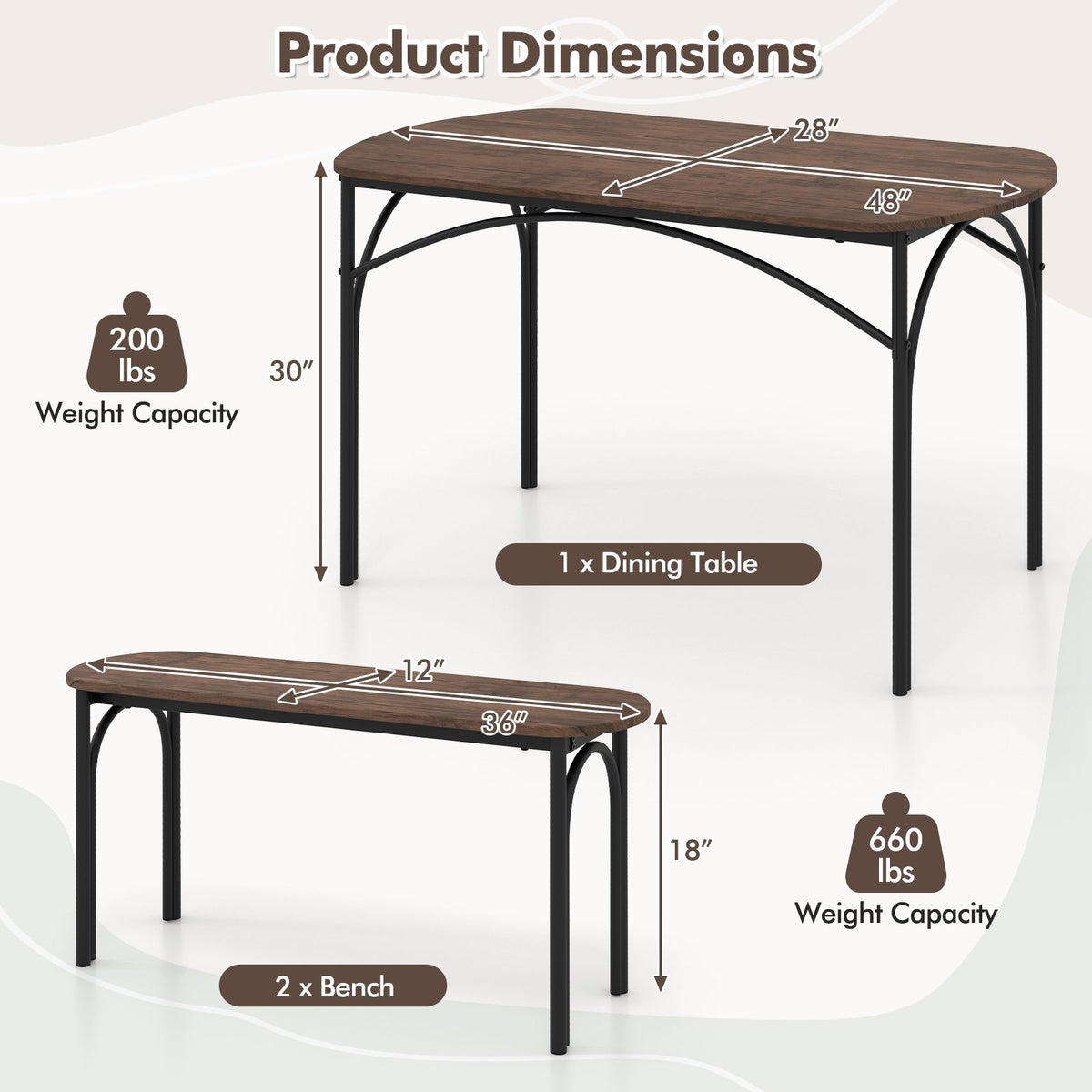 3-Piece Dining Table Set for 4 with Metal Frame-Brown view 5