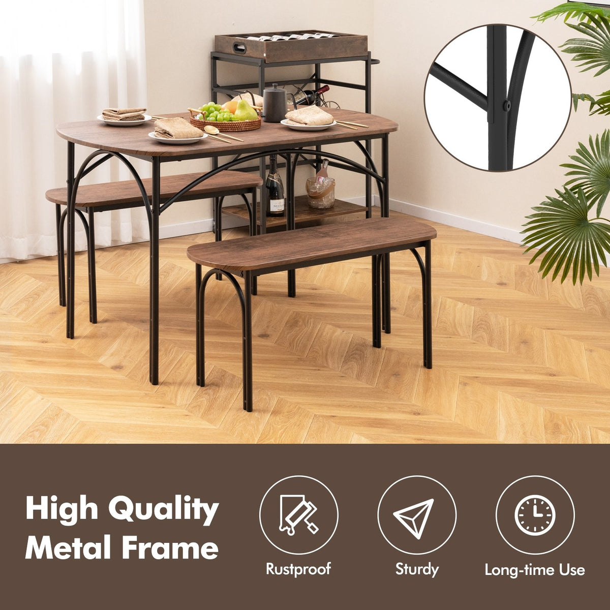 3-Piece Dining Table Set for 4 with Metal Frame-Brown view 7