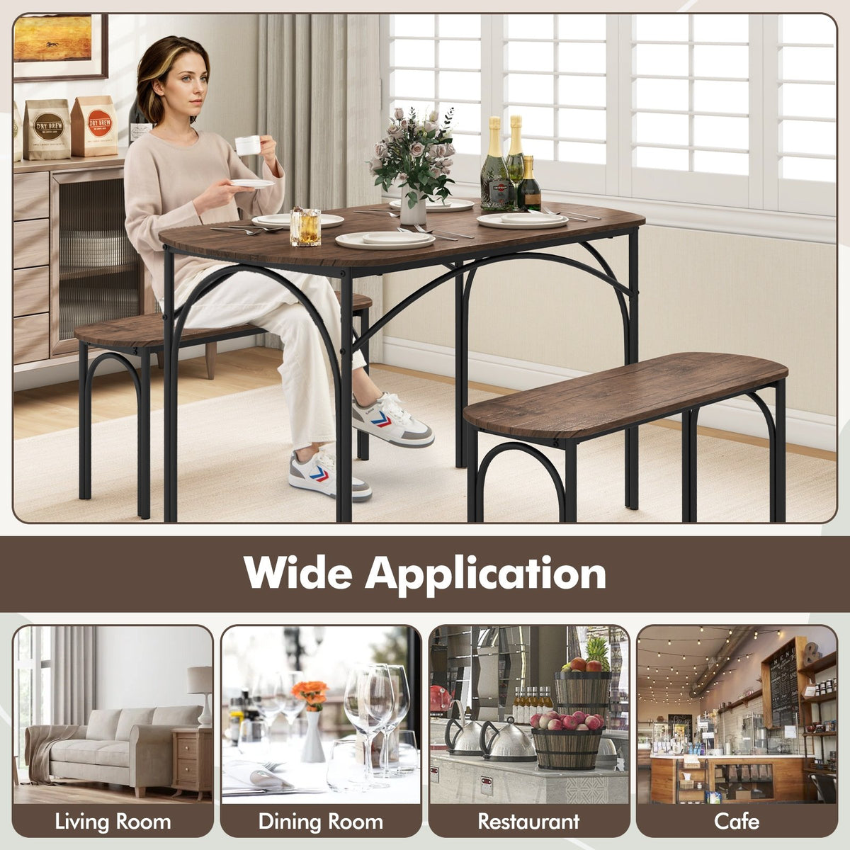 3-Piece Dining Table Set for 4 with Metal Frame-Brown view 8