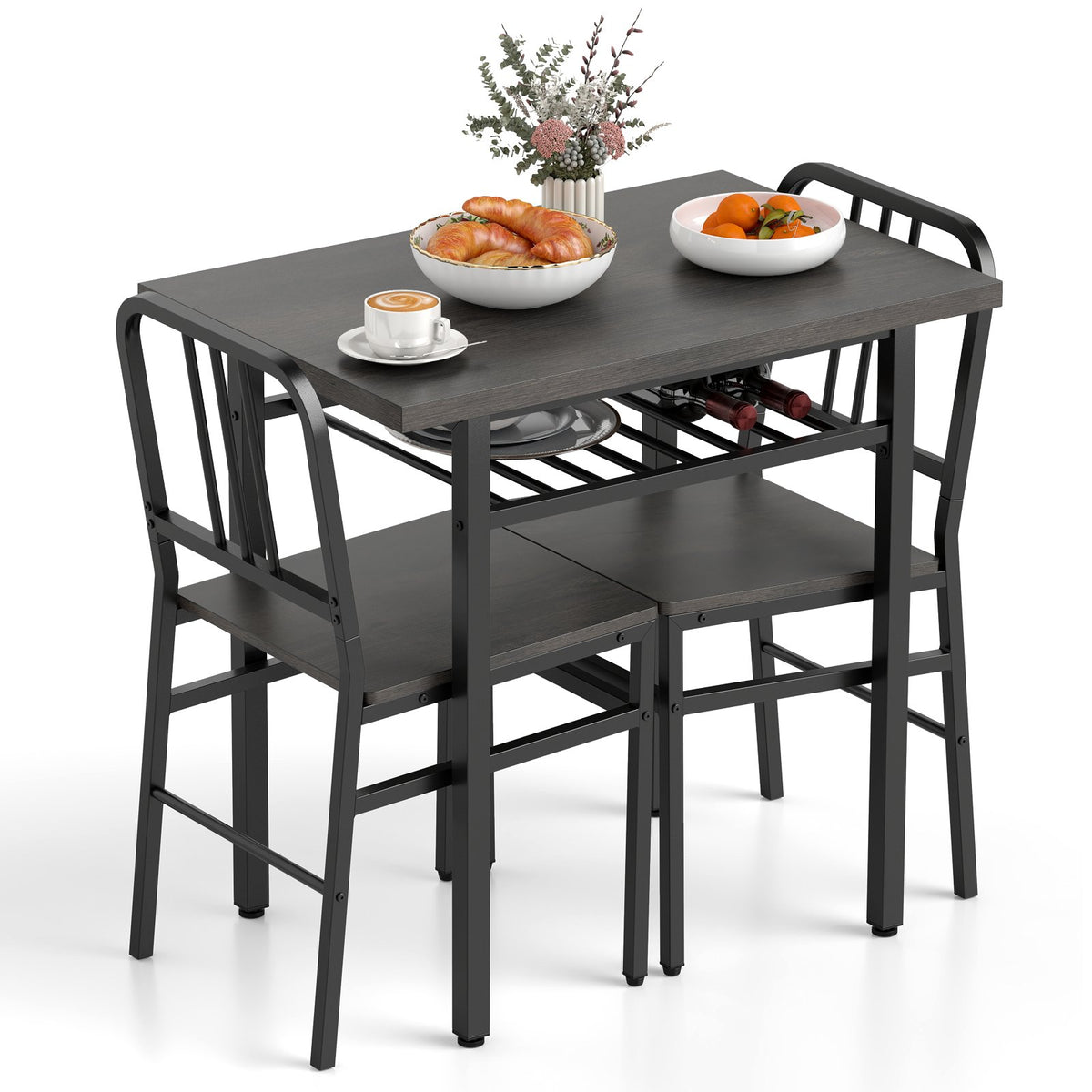 3-Piece Dining Table Set with Rectangular Kitchen Table and 2 Chairs-Gray view 4