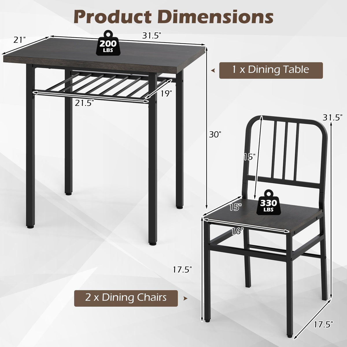 3-Piece Dining Table Set with Rectangular Kitchen Table and 2 Chairs-Gray view 5