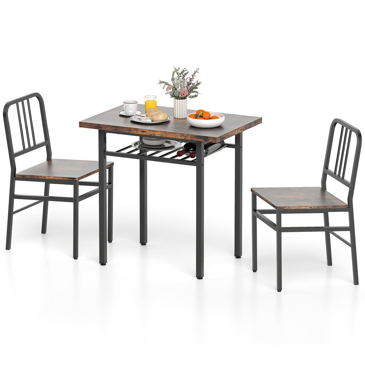 3-Piece Dining Table Set with Rectangular Kitchen Table and 2 Chairs-Rustic Brown
