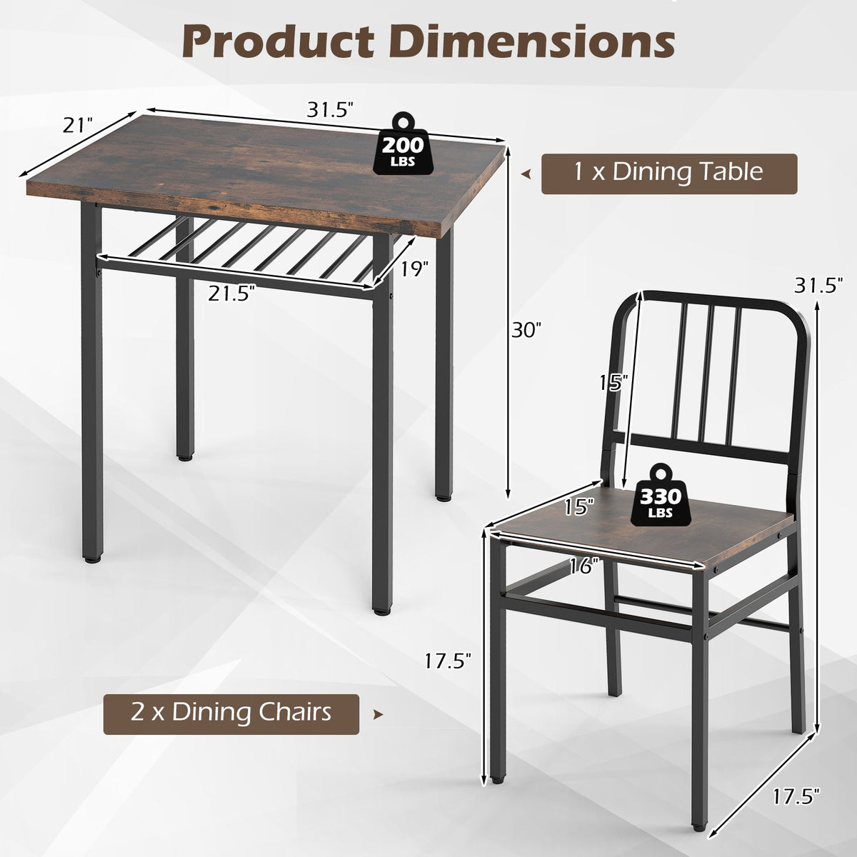 3-Piece Dining Table Set with Rectangular Kitchen Table and 2 Chairs-Rustic Brown view 5