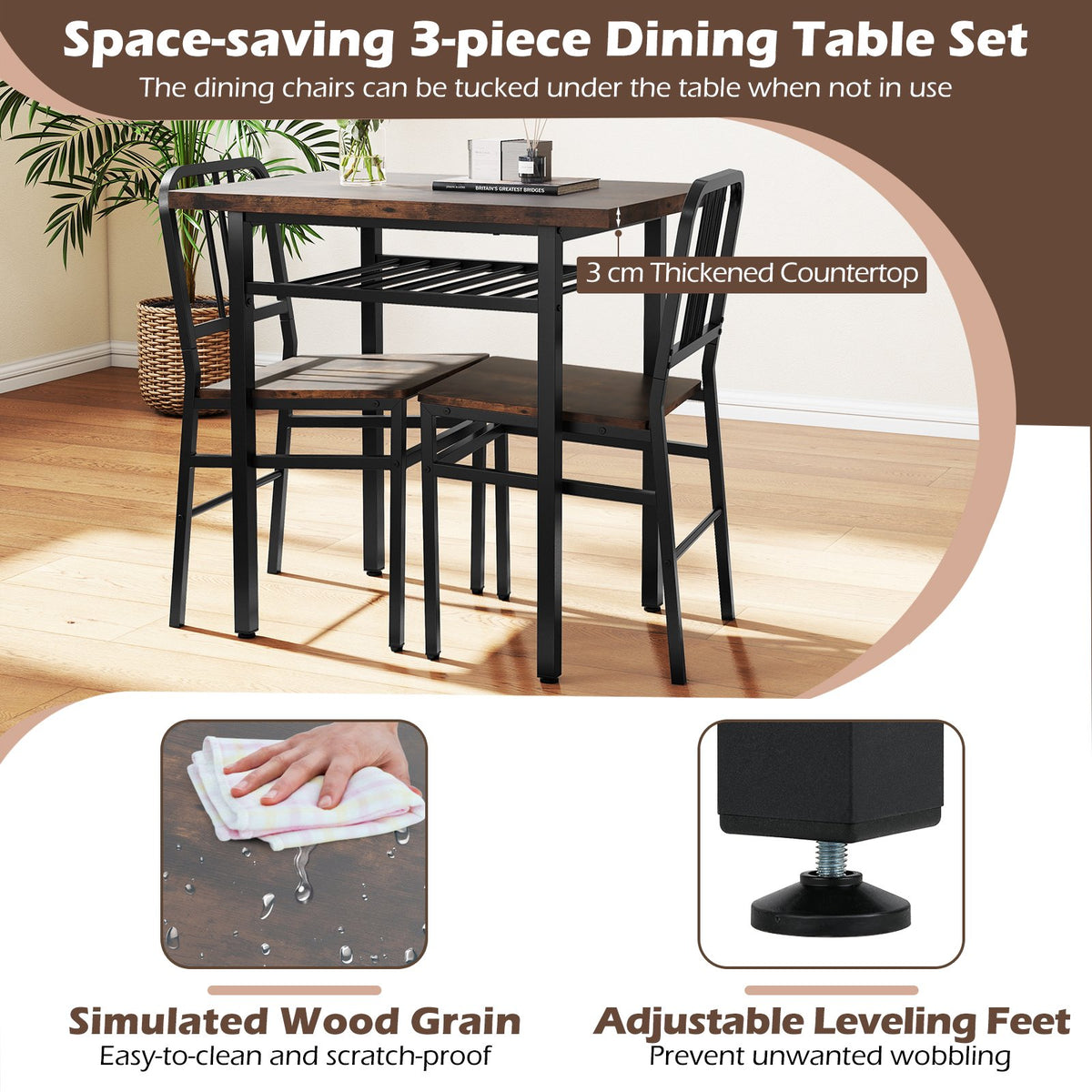 3-Piece Dining Table Set with Rectangular Kitchen Table and 2 Chairs-Rustic Brown view 8