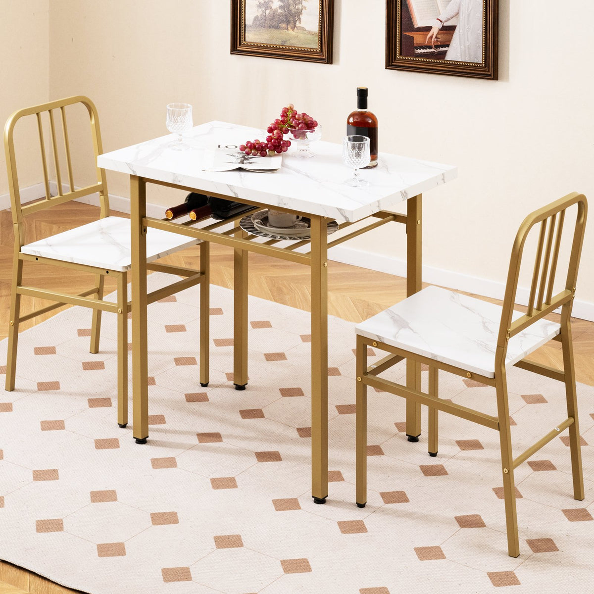 3-Piece Dining Table Set with Rectangular Kitchen Table and 2 Chairs-White view 6