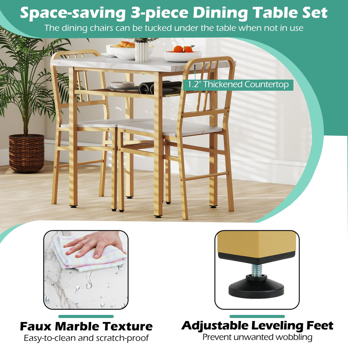 3-Piece Dining Table Set with Rectangular Kitchen Table and 2 Chairs-White view 8