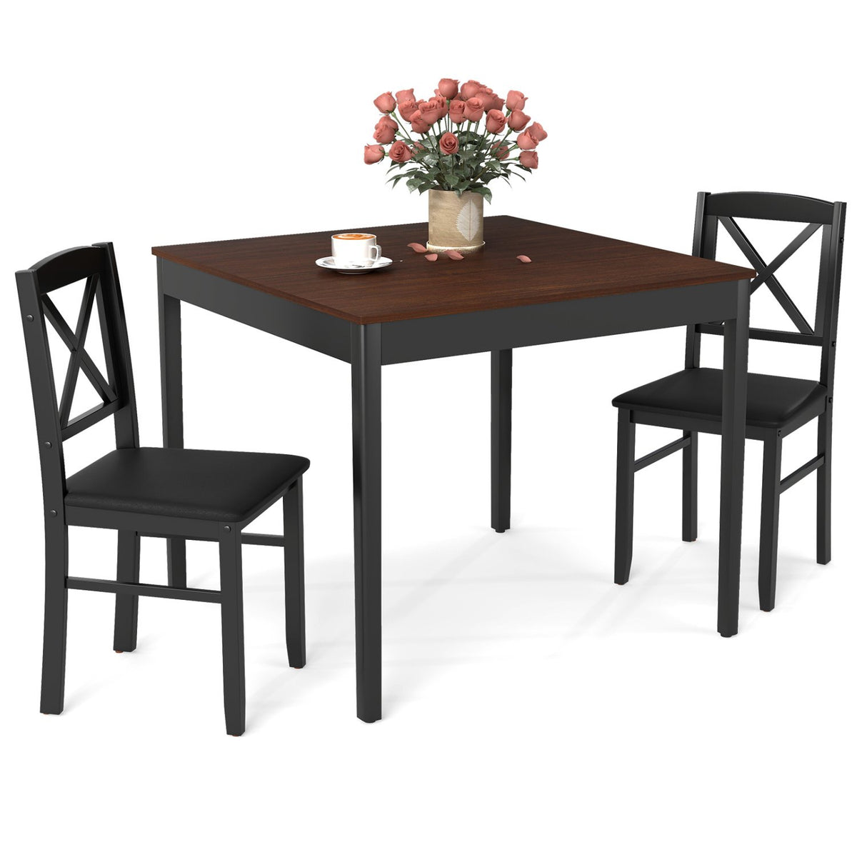 3-Piece Dining Table Set Wooden Square Kitchen Table for 2 People-Brown