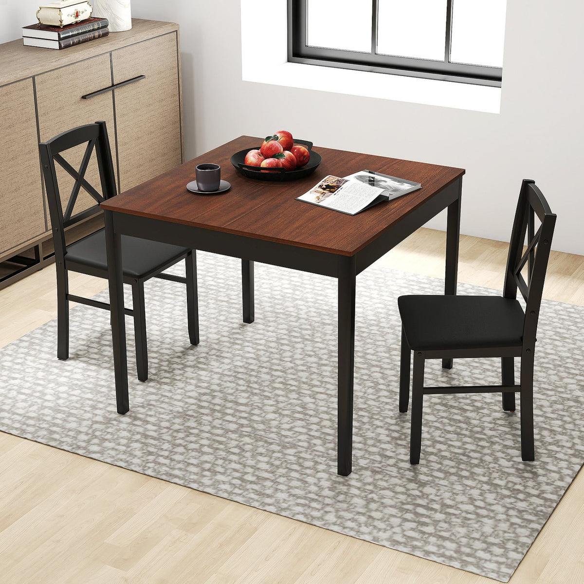 3-Piece Dining Table Set Wooden Square Kitchen Table for 2 People-Brown view 2